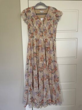 Baltic Born Beige Floral Women’s Maxi Dress with Purple and Orange Blooms